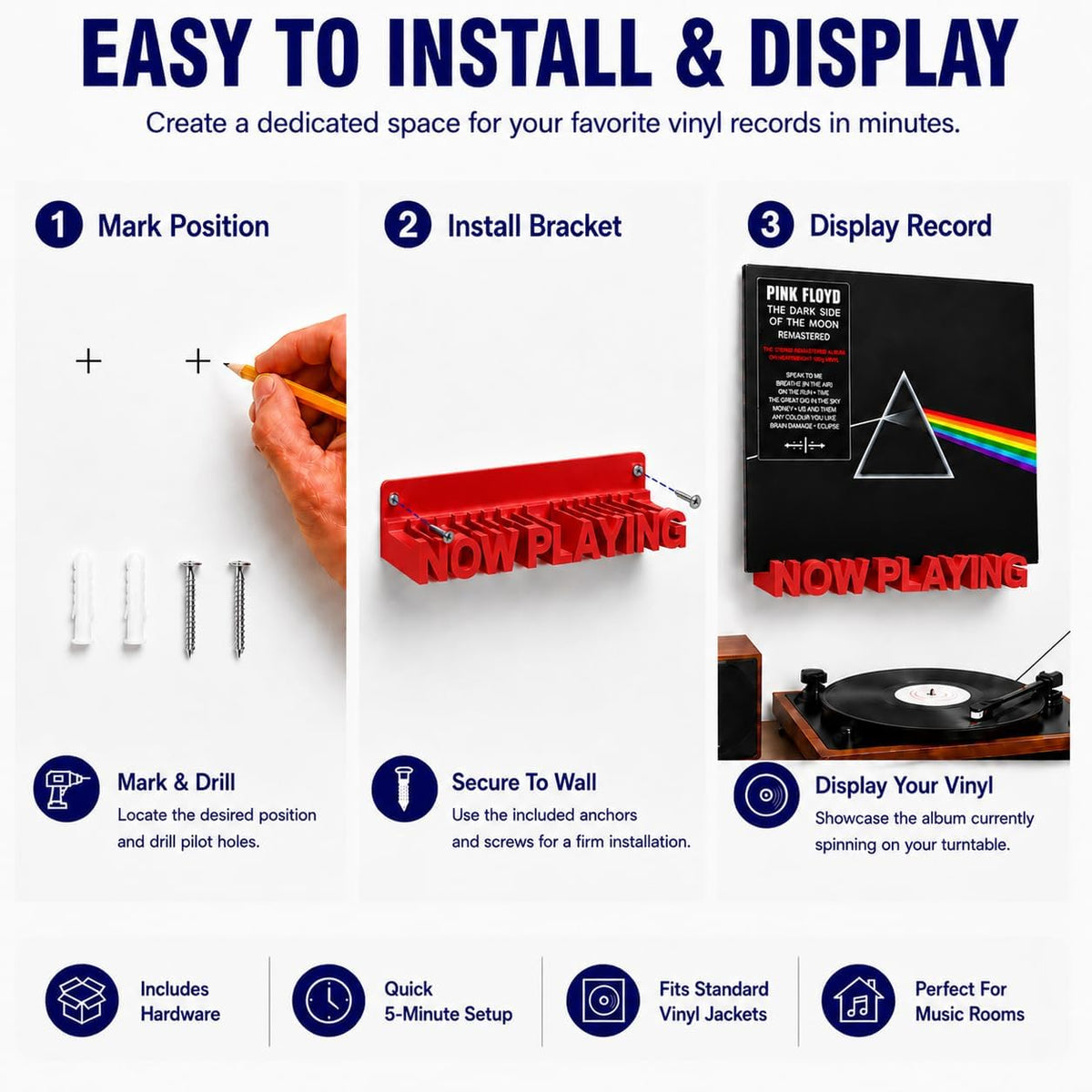 Now Playing Vinyl Record Stand Wall Mount，Record Display Stand for Vinyl Records and LP Record Floating Shelves Record Storage Holder(Red)