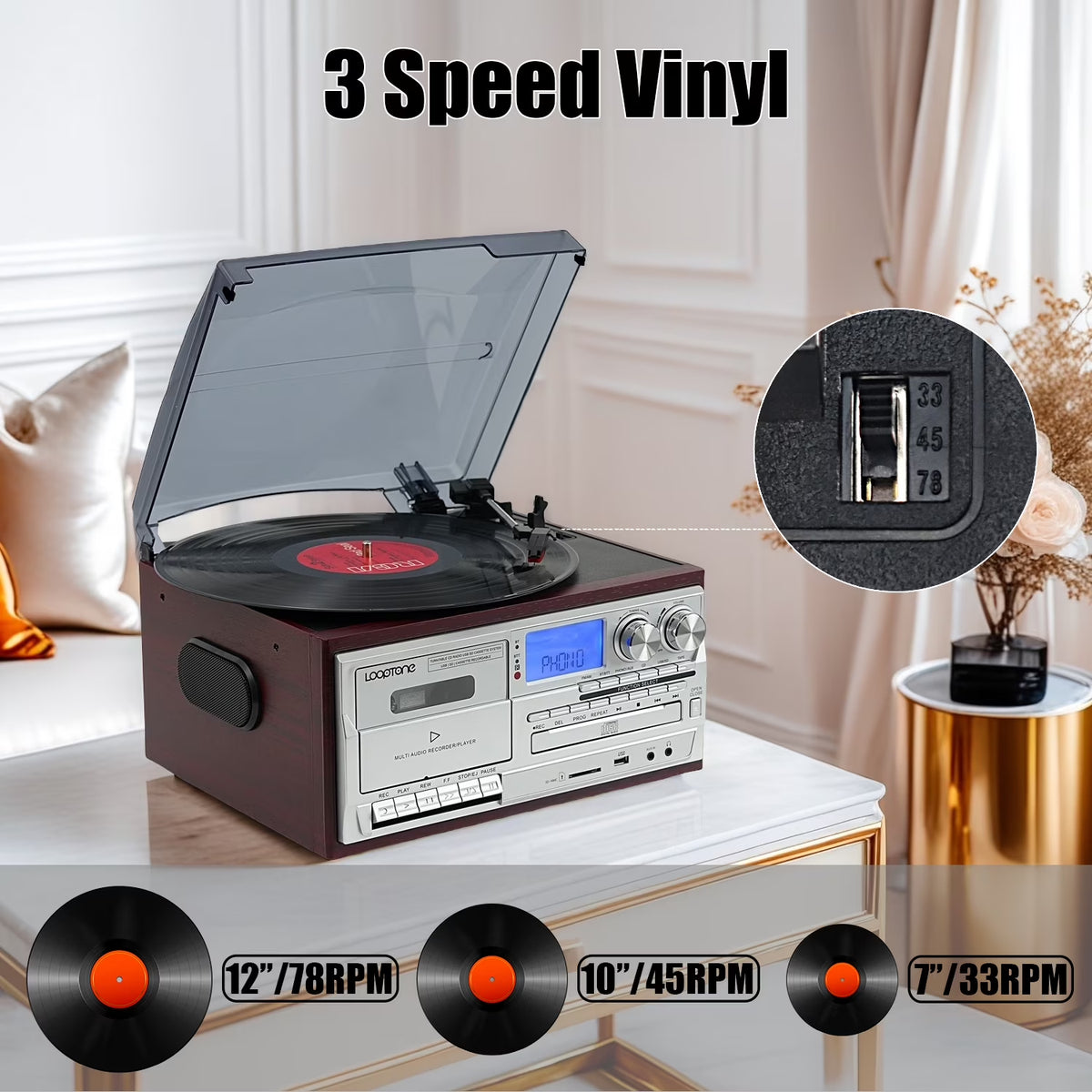Vinyl Record Player 10 in 1 3 Speed Bluetooth Vintage Turntable CD Cassette Player AM/FM Radio USB Recorder Aux-In RCA Line-Out