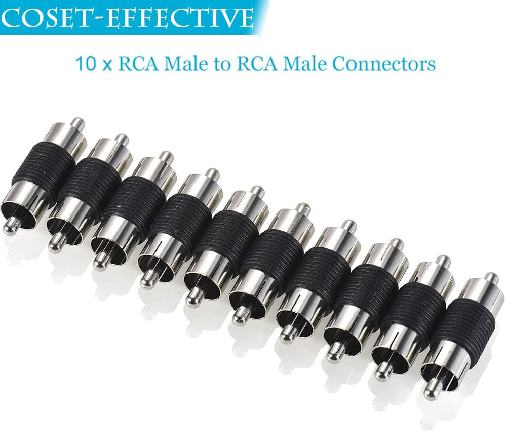 10 Pack RCA Male to Male Coupler Audio Video Adapter Nickel Plated for Phono, Speaker, RCA Cable, Amplifier