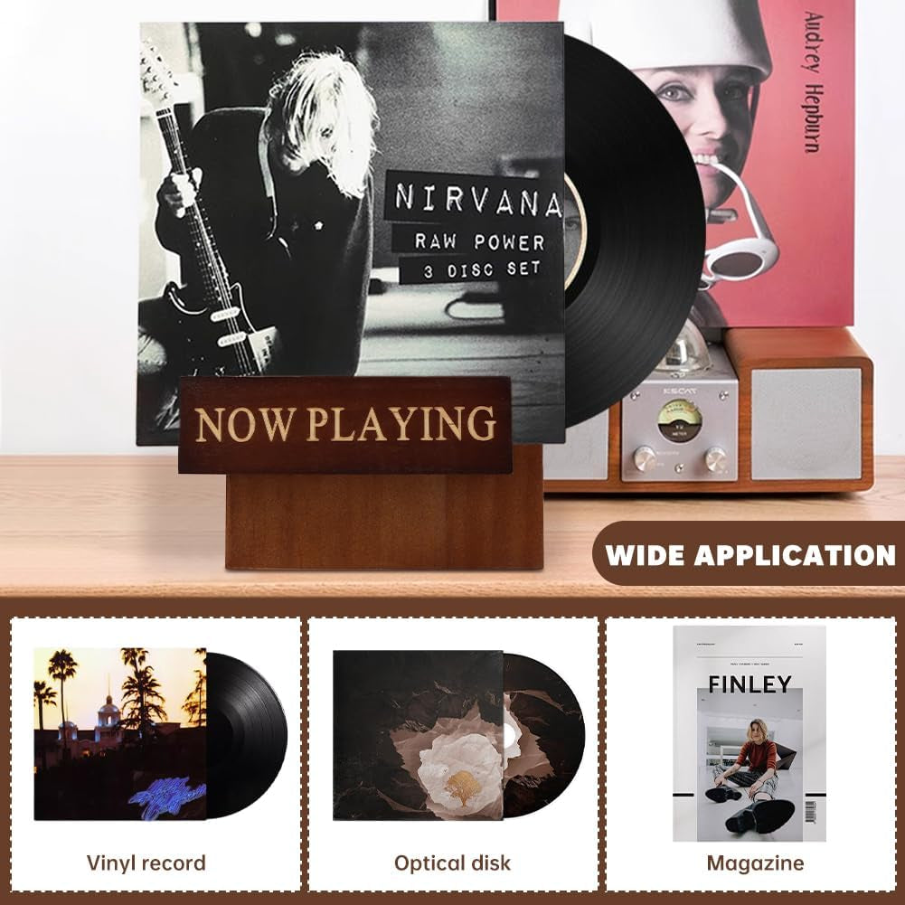 Vinyl Record Stand, Classic Wood Albums Now Playing Display Vinyl Record Stand Elegant Rustic Cds(Color:Brown)