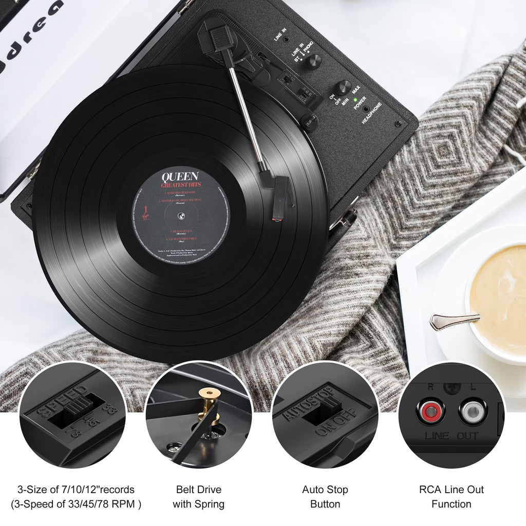 Vinyl Record Player with Speakers,Turntables for Vinyl Records,Portable Suitcase Vinyl Player (Tocadiscos De Vinilo),Black
