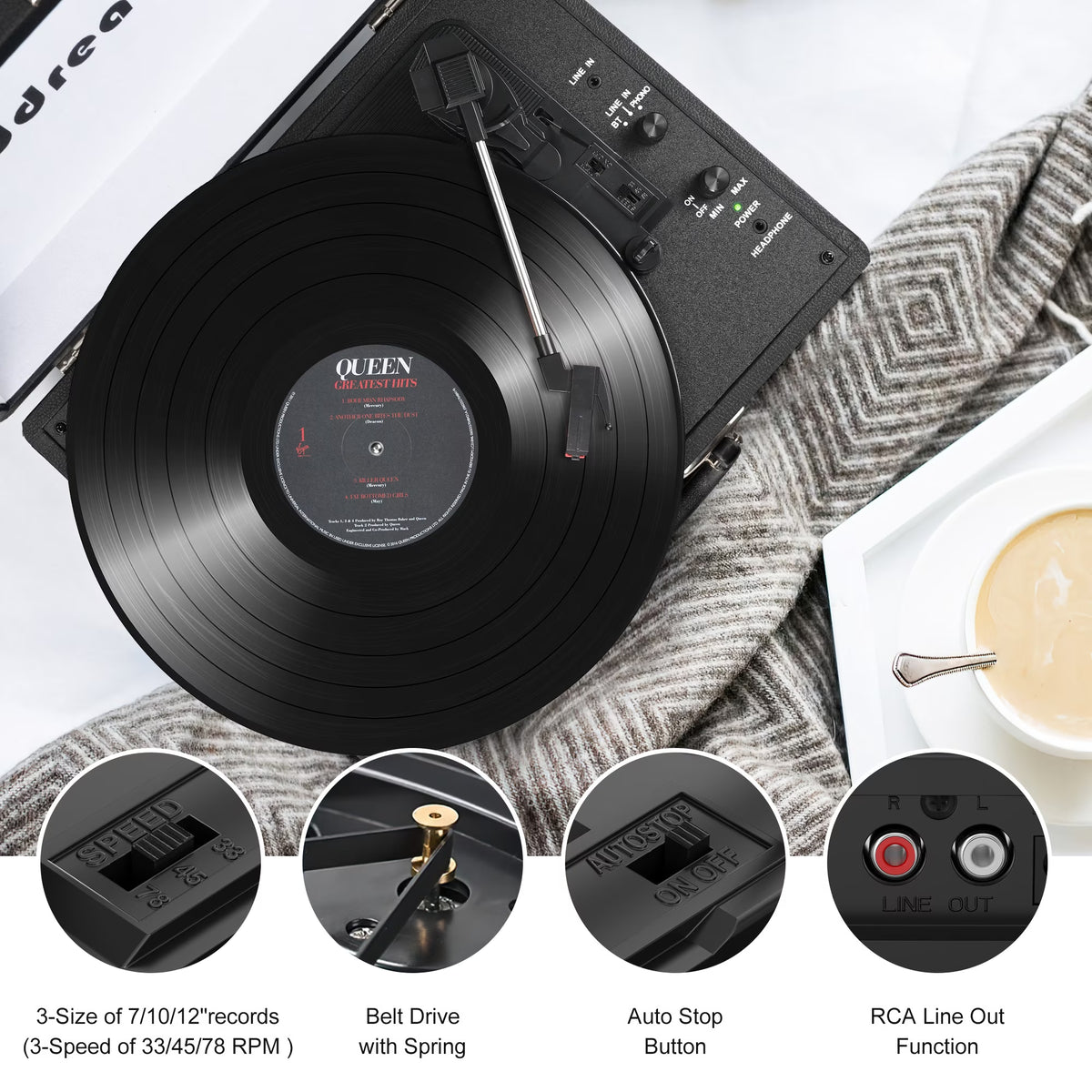 Vinyl Record Player with Speakers,Turntables for Vinyl Records,Portable Suitcase Vinyl Player (Tocadiscos De Vinilo),Black