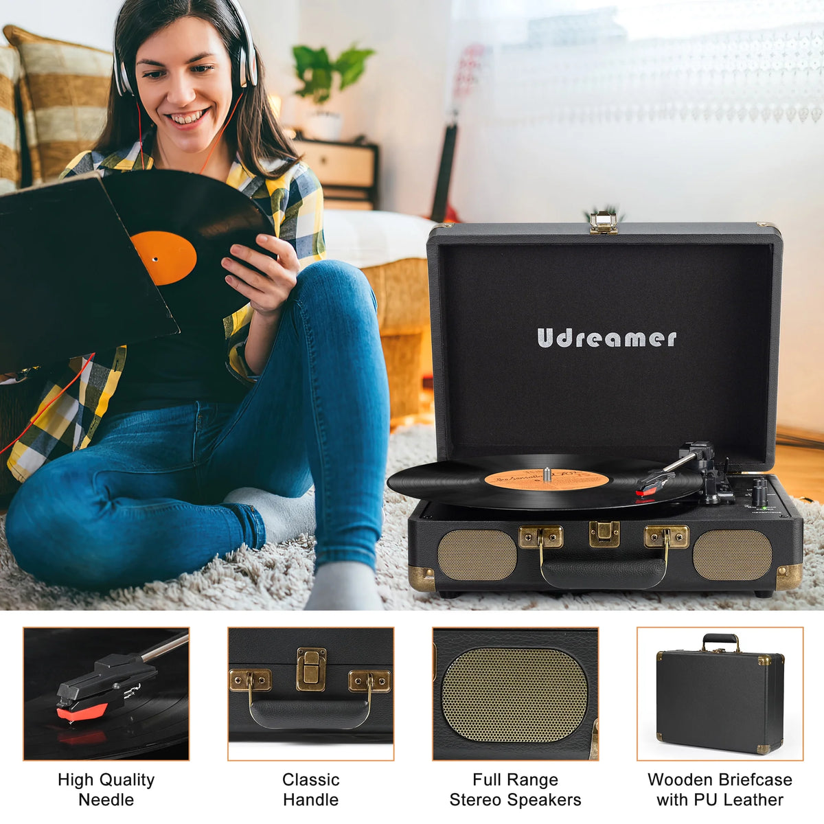 Vinyl Record Player with Speakers,Turntables for Vinyl Records,Portable Suitcase Vinyl Player (Tocadiscos De Vinilo),Black