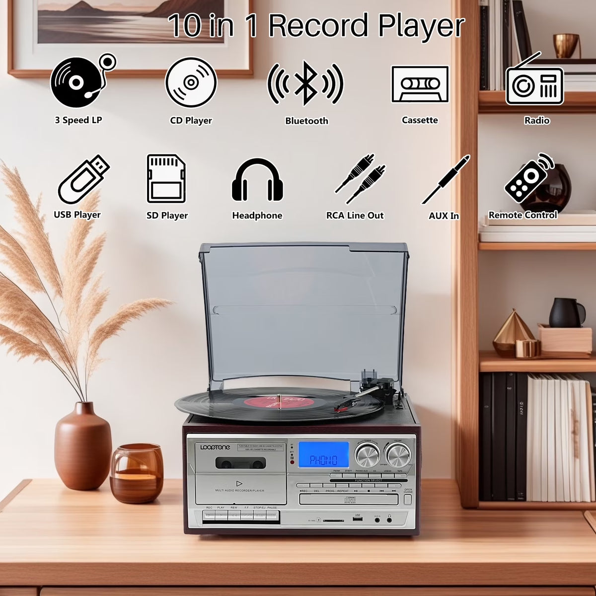 Vinyl Record Player 10 in 1 3 Speed Bluetooth Vintage Turntable CD Cassette Player AM/FM Radio USB Recorder Aux-In RCA Line-Out