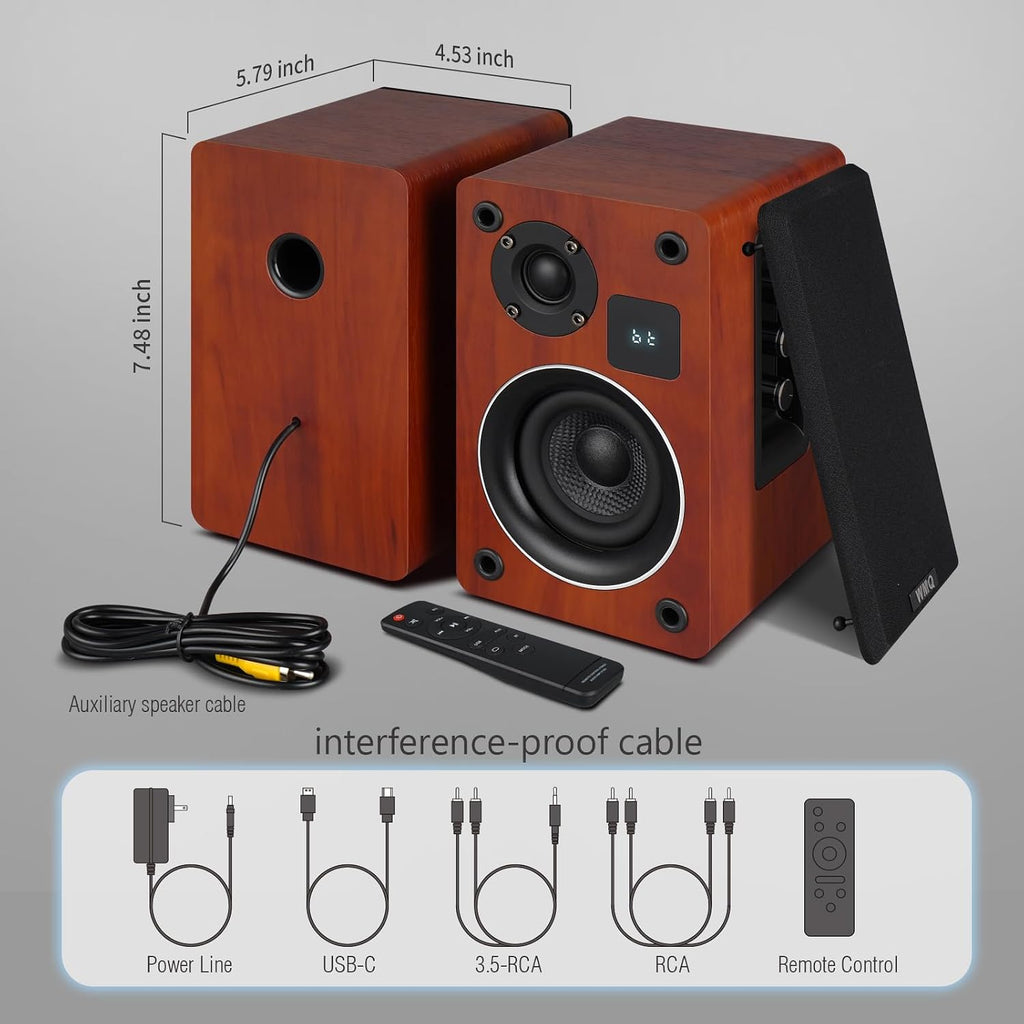 Powered Bluetooth 5.3 Bookshelf Speakers with Remote & LED Display, 3.5" Carbon Fiber Woofer, RCA AUX Input, Wooden Wired Wireless Speakers for Turntable, PC, TV, Gaming, Brown