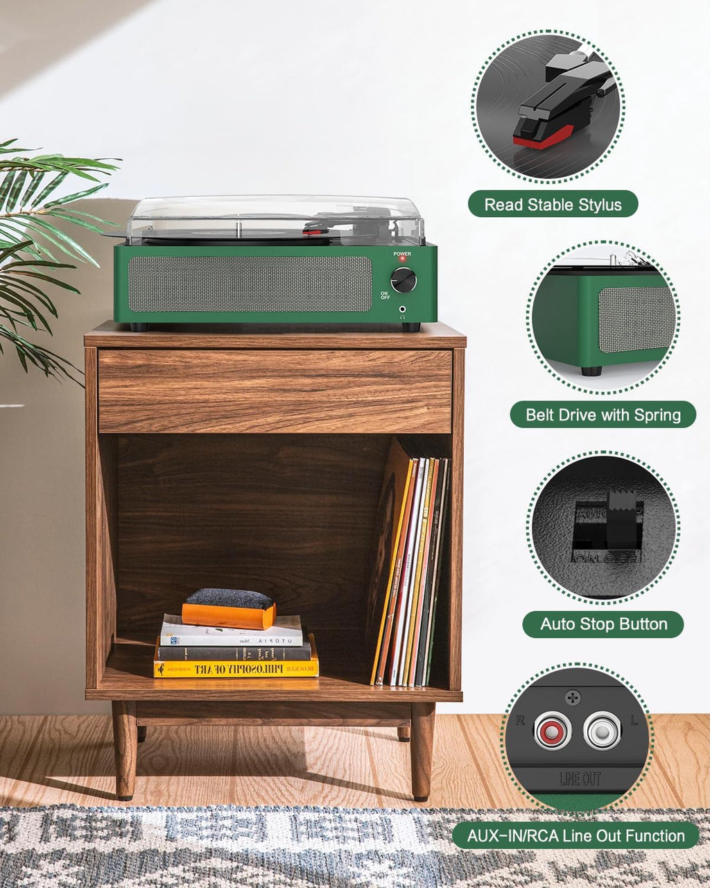 Vinyl Record Players Turntable with Speakers,Grass Green