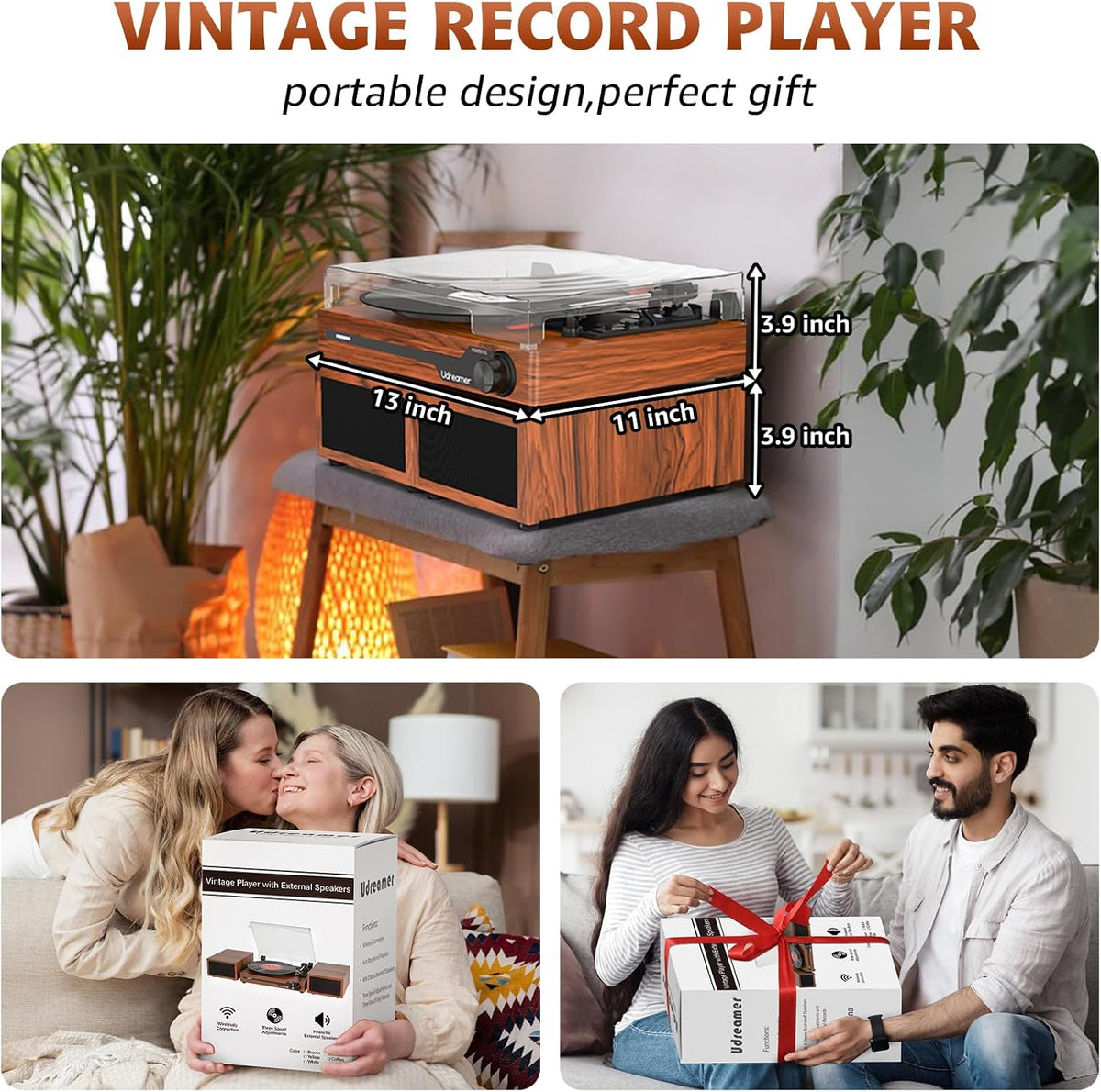 Vinyl Record Player with External Speakers, Bluetooth Turntable