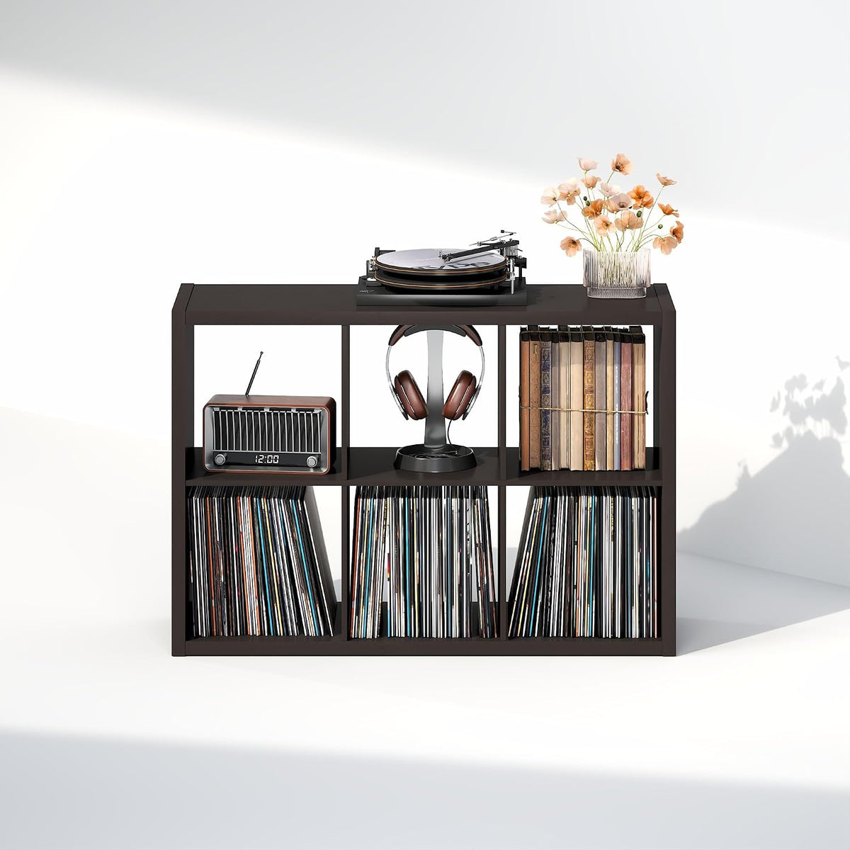 Cubicle Record Player Stand, 6-Cube Record Storage, Dark Oak