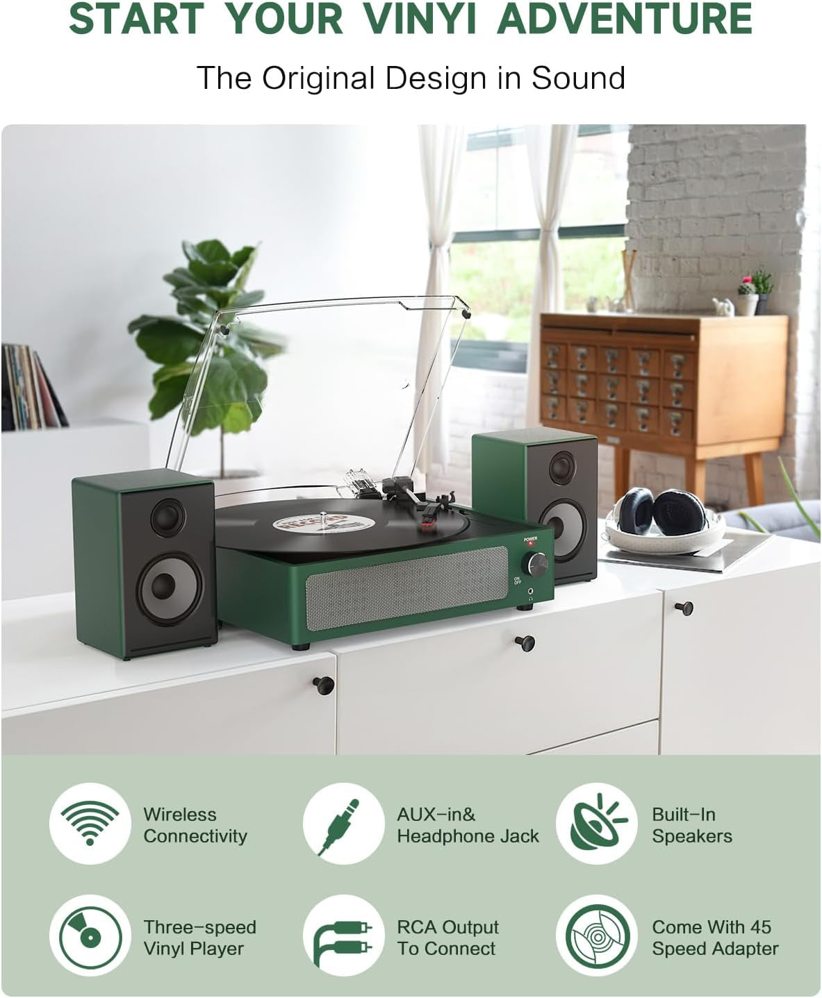 Vinyl Record Players Turntable with Speakers,Grass Green