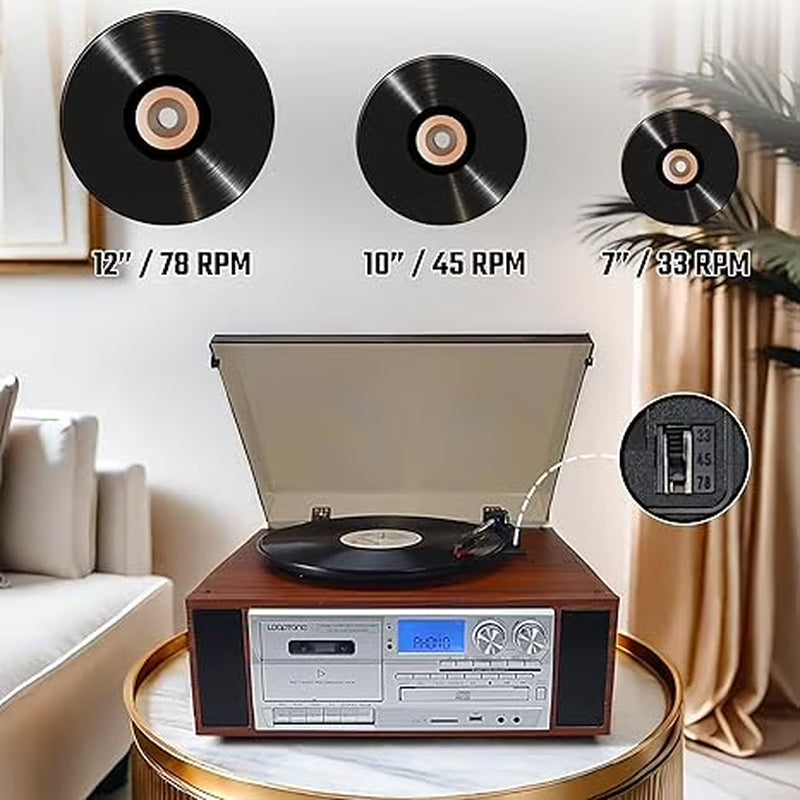 10 in 1 Vinyl Record Player 3 Speed Bluetooth Vintage Automatic Turntable CD Cassette Player AM/FM Radio USB Recorder Aux-In RCA Line-Out
