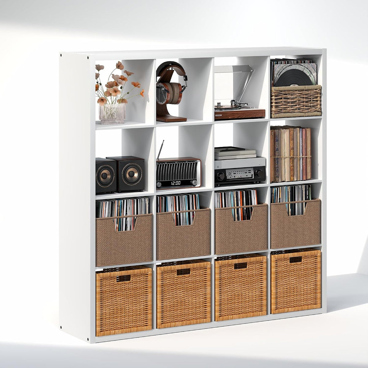 Cubicle Record Player Stand, 16-Cube Vinyl Record Storage, White