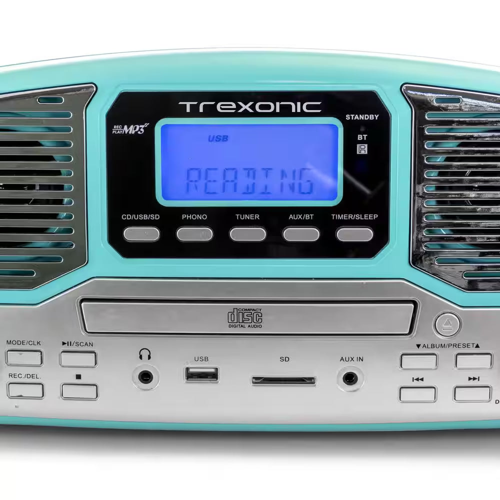 Retro Record Player with Bluetooth, CD Players and 3-Speed Turntable in Turquoise