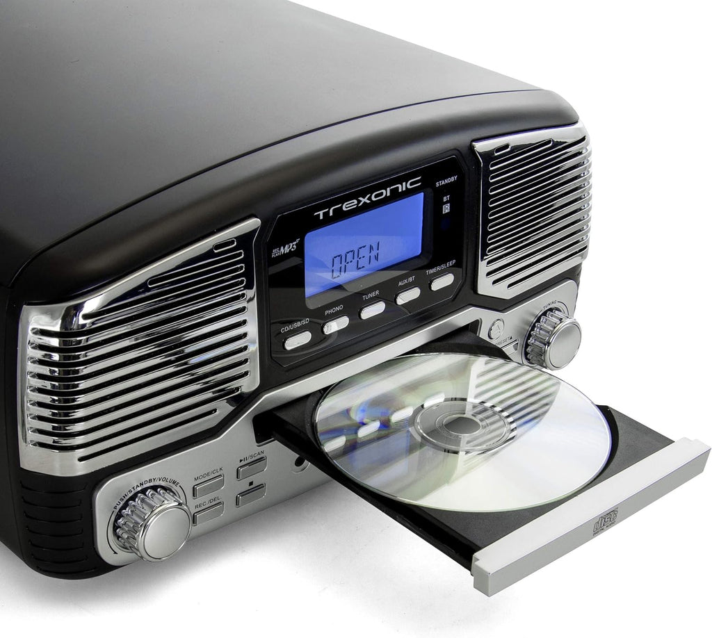 Retro Record Player with Bluetooth, CD Players and 3-Speed Turntable in Black