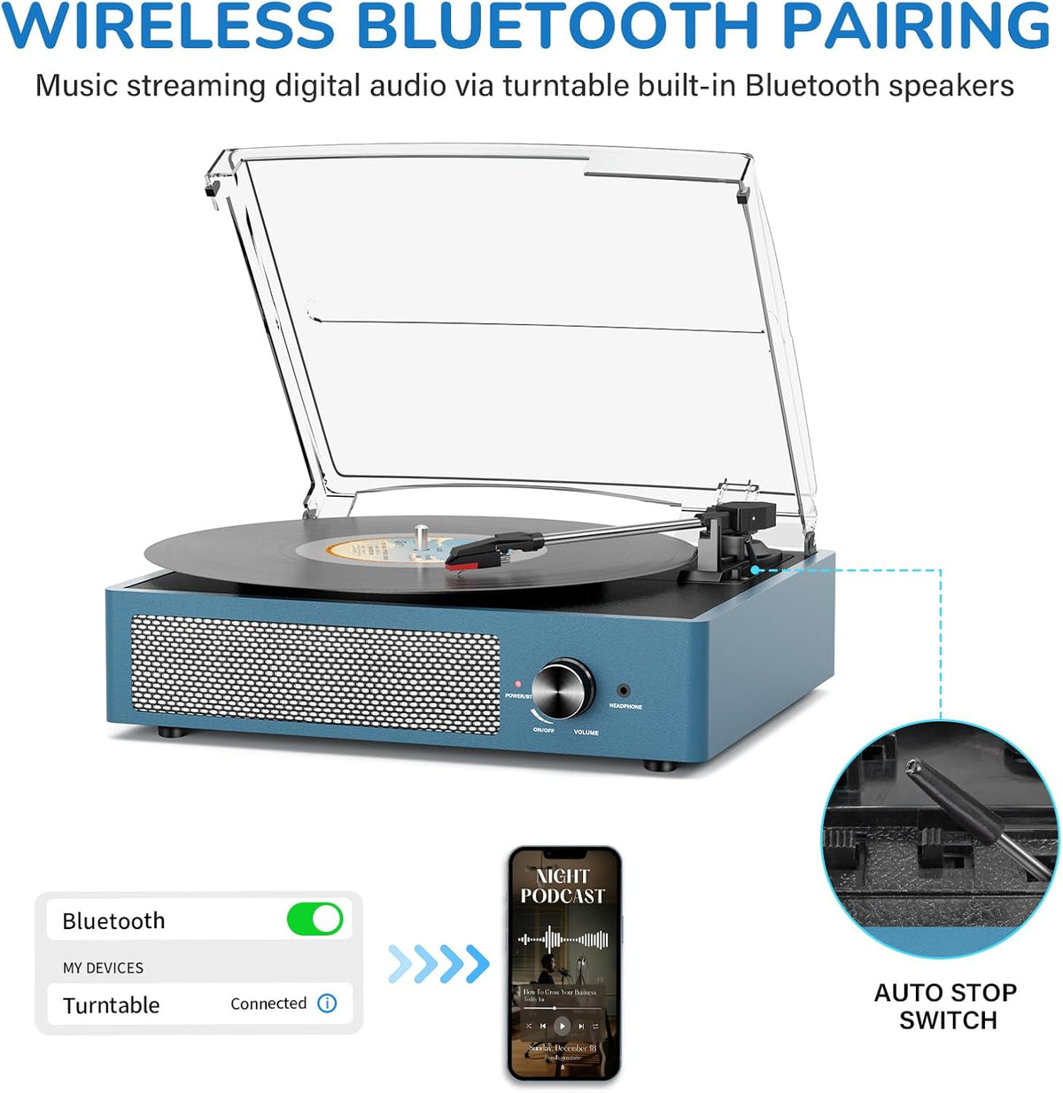 Vinyl Record Player with 2 Stereo Speakers Belt-Driven Vintage Turntables 3 Speed 3 Size Wireless Bluetooth Playback Aux-In RCA Out Headphone LP Vinyl Players Auto Stop Frosted Blue