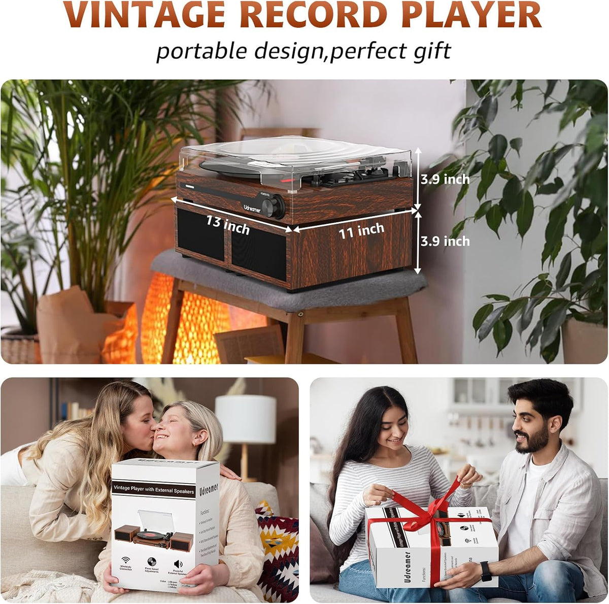 Vinyl Record Player with External Speakers, Bluetooth Turntable, Coffee