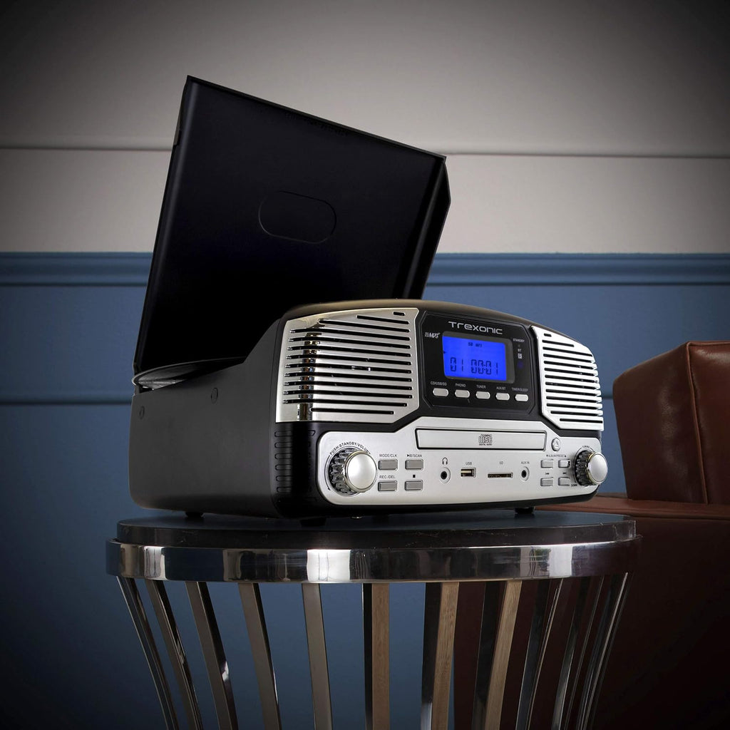 Retro Record Player with Bluetooth, CD Players and 3-Speed Turntable in Black