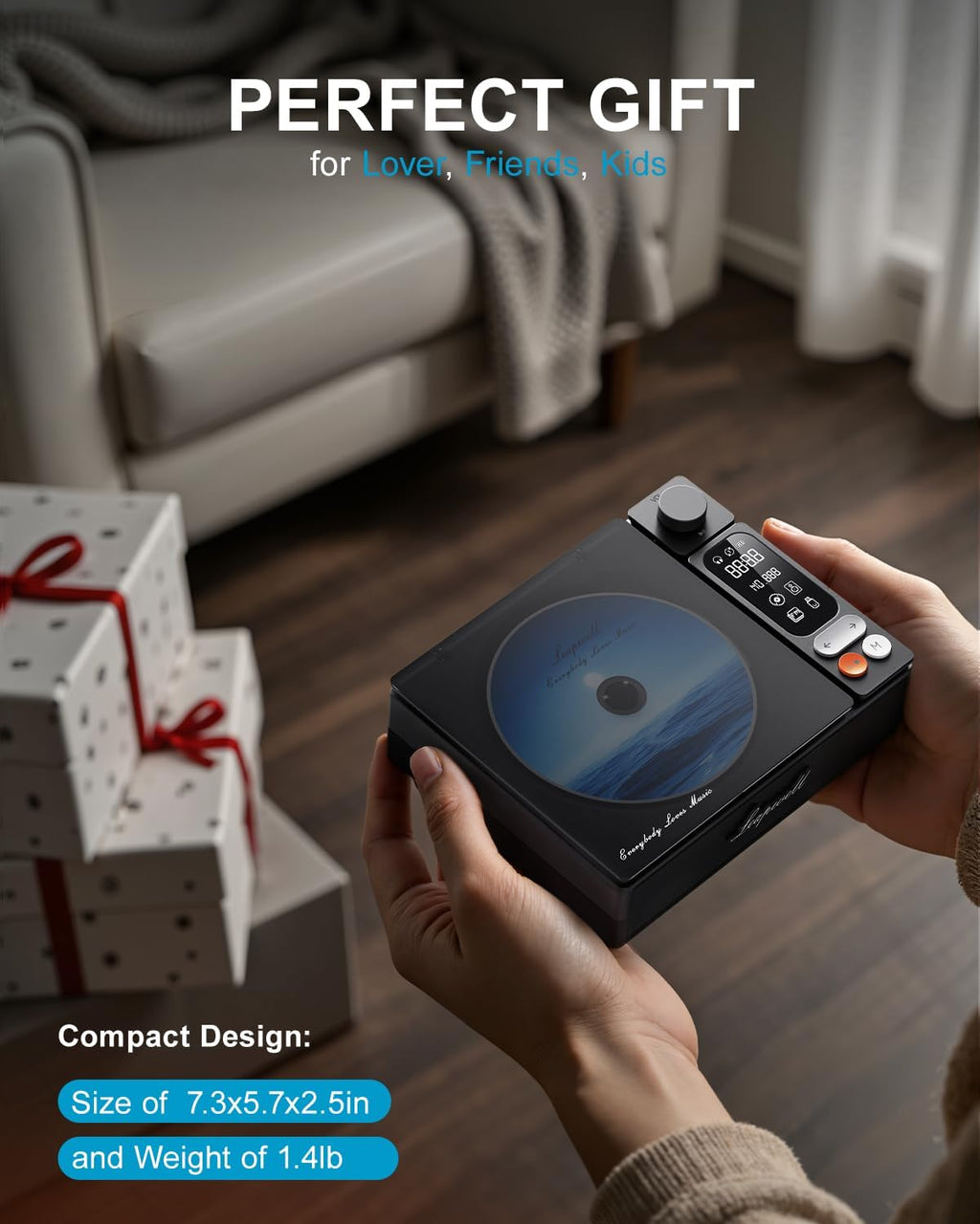 CD Player Portable Bluetooth Desktop CD Players for Home with Speakers Rechargeable Small Retro CD Player with LCD Screen Optical USB Black