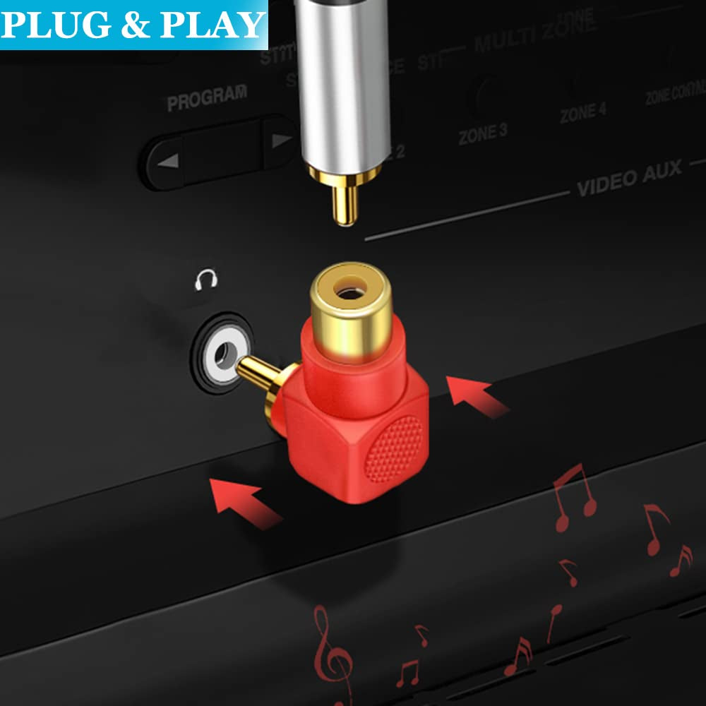 RCA Male to Female Adapter Right Angle 4-Pack, RCA M/F Connector 90 Degree Elbow Gold-Plated (2 Black + 2 Red)