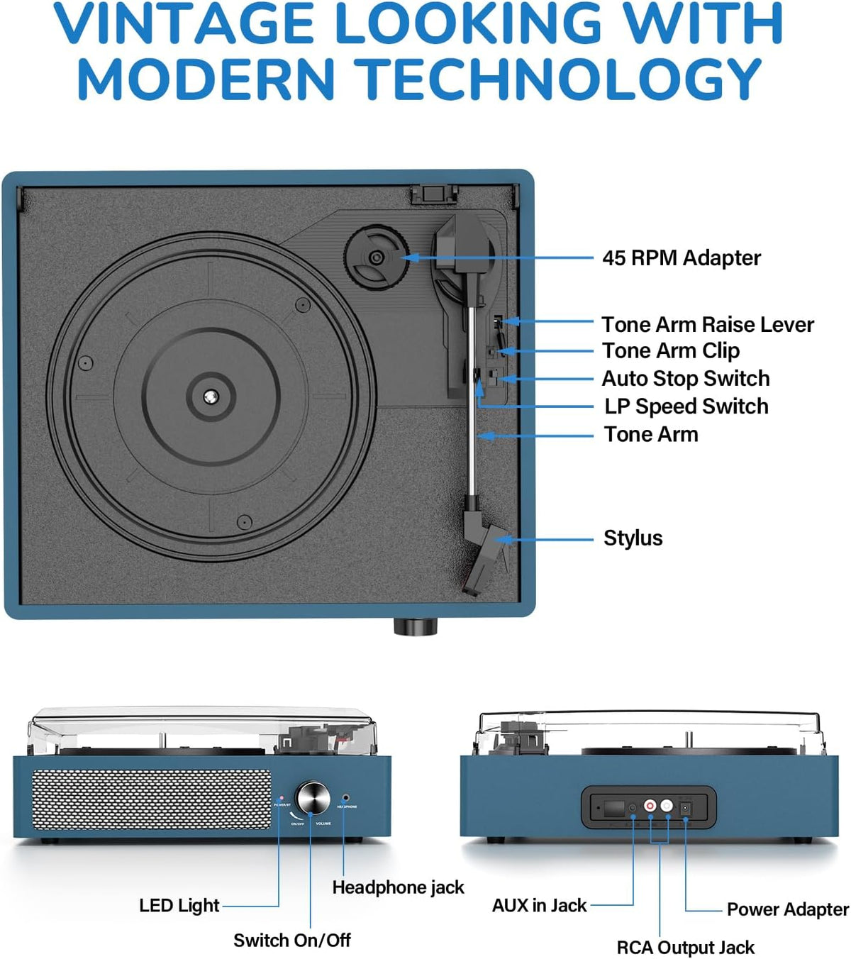 Vinyl Record Player with 2 Stereo Speakers Belt-Driven Vintage Turntables 3 Speed 3 Size Wireless Bluetooth Playback Aux-In RCA Out Headphone LP Vinyl Players Auto Stop Frosted Blue