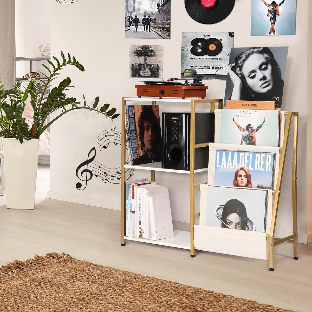 Stand for Record Player, 3 Tier Vinyl Record Storage with Now Playing Holder, Turntable Stand, Vinyl Display with Speaker Storage for Living Room, Gold White