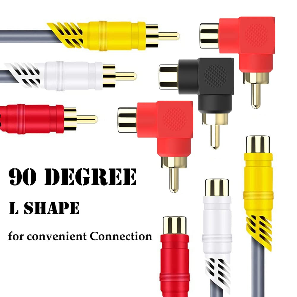 RCA Male to Female Adapter Right Angle 4-Pack, RCA M/F Connector 90 Degree Elbow Gold-Plated (2 Black + 2 Red)