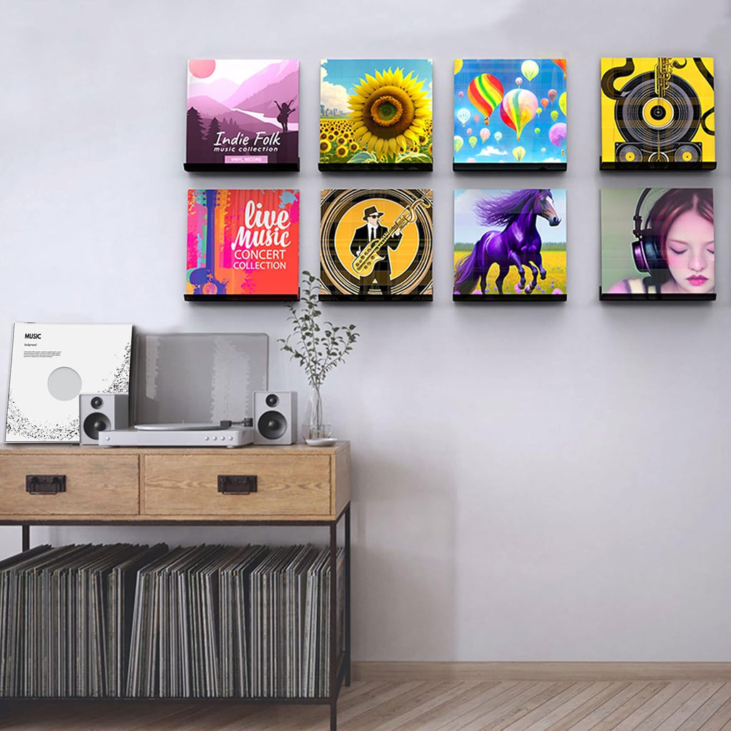 Vinyl Record Wall Mount, 12 Inch Black Acrylic Record Shelf, 6 Pack Vinyl Record Wall Display Holder for Daily LP Listening