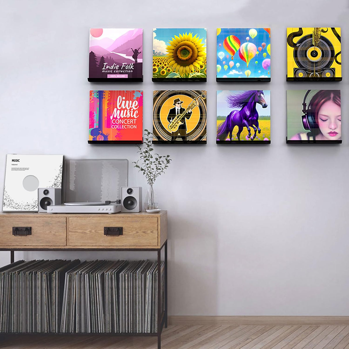 Vinyl Record Wall Mount, 12 Inch Black Acrylic Record Shelf, 6 Pack Vinyl Record Wall Display Holder for Daily LP Listening