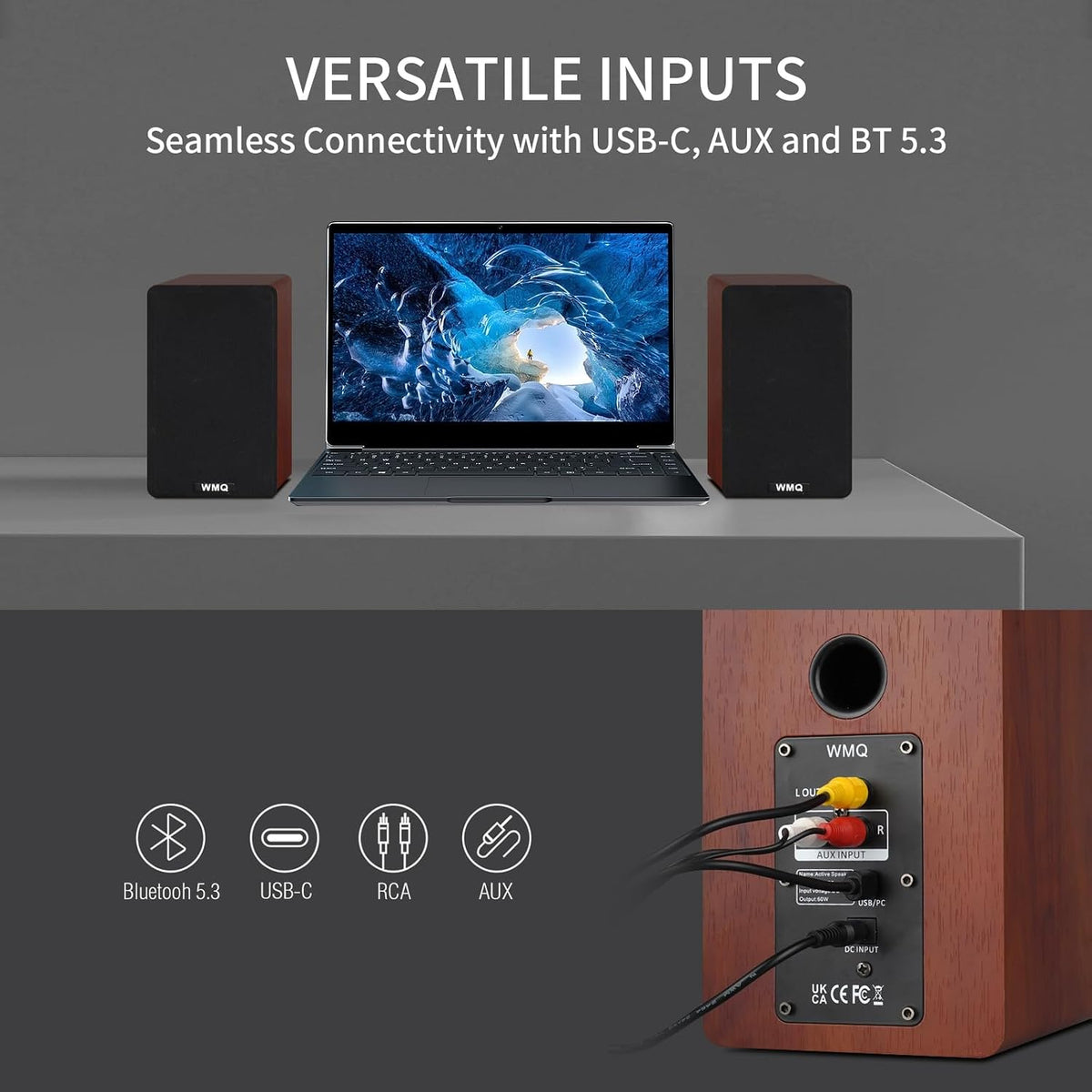 Powered Bluetooth 5.3 Bookshelf Speakers with Remote & LED Display, 3.5" Carbon Fiber Woofer, RCA AUX Input, Wooden Wired Wireless Speakers for Turntable, PC, TV, Gaming, Brown