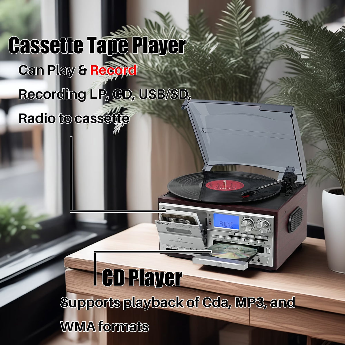 Vinyl Record Player 10 in 1 3 Speed Bluetooth Vintage Turntable CD Cassette Player AM/FM Radio USB Recorder Aux-In RCA Line-Out