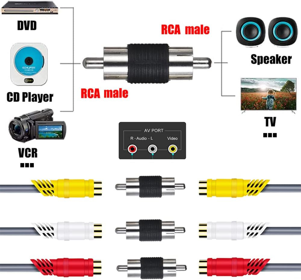 10 Pack RCA Male to Male Coupler Audio Video Adapter Nickel Plated for Phono, Speaker, RCA Cable, Amplifier