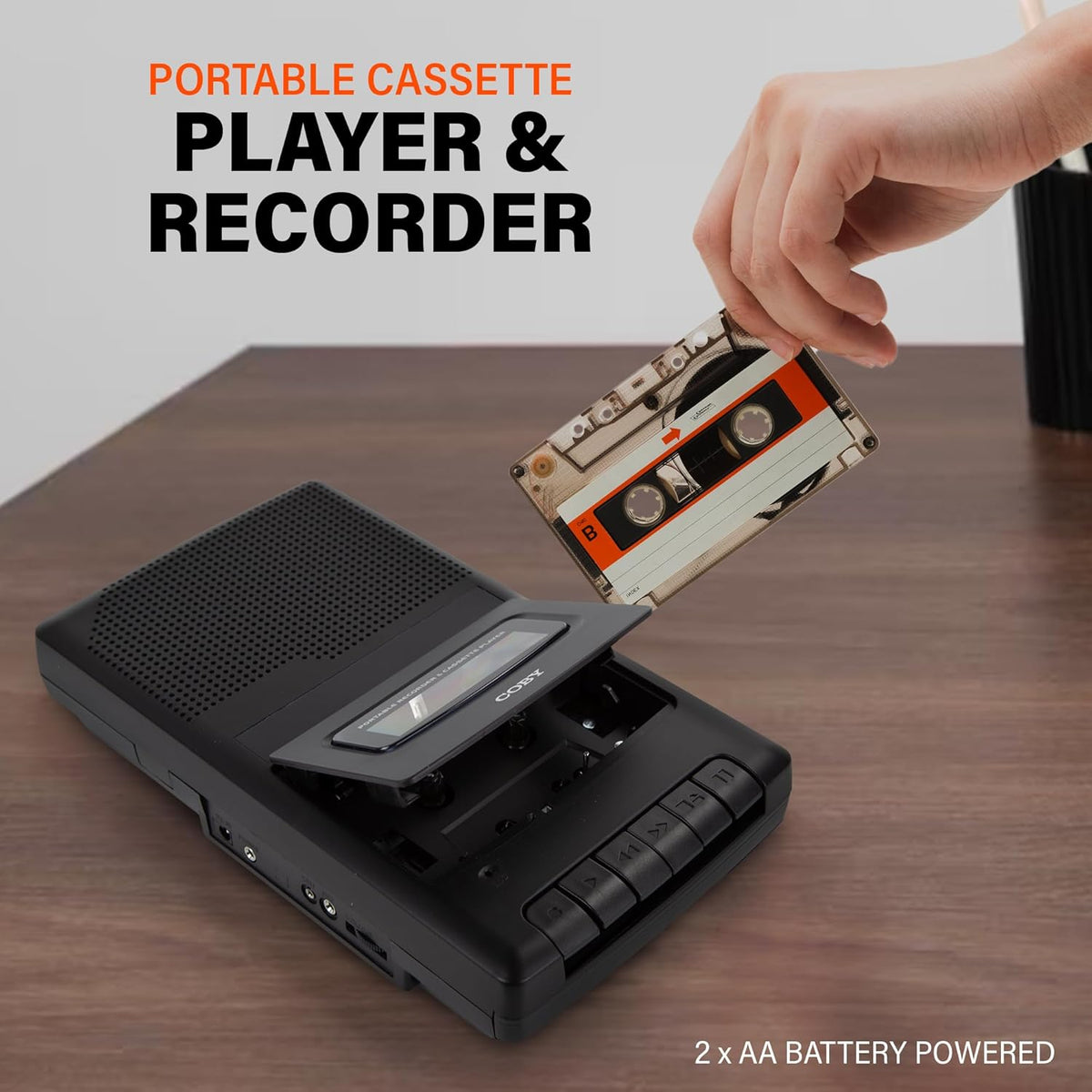 CVR22 Portable Cassette Player and Tape Cassette Recorder with Built-In Microphone, Built-In Handle, and One-Touch Recording with Automatic Stop - Black